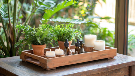 A beautifully arranged wooden tray featuring fresh plants, aromatic candles, and essential oils, creating a tranquil and inviting atmosphere in any home.の素材