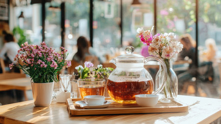 A beautifully arranged tea set sits on a wooden table in a cozy cafe, surrounded by vibrant flowers, capturing the essence of relaxation and warmth.の素材