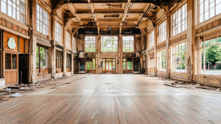 An empty abandoned hall with high ceilings, large windows, and natural light creating a serene atmosphere. The weathered wooden floor and intricate architecture reflect a forgotten history.の素材