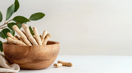 A wooden bowl filled with ashwagandha roots sits against a soft, neutral background. Green leaves add a fresh touch, enhancing the natural appeal of this herbal arrangement.の素材