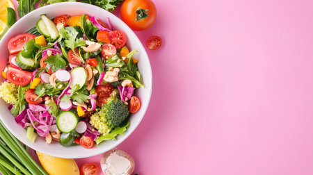 A vibrant bowl of fresh salad featuring a mix of vegetables and nuts, perfect for healthy meals or snacks. Ideal for showcasing wholesome cooking.の素材