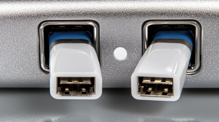 This close-up image showcases two USB connections on a sleek silver device, highlighting their detailed design and modern technology seamlessly integrated into electronics.の素材
