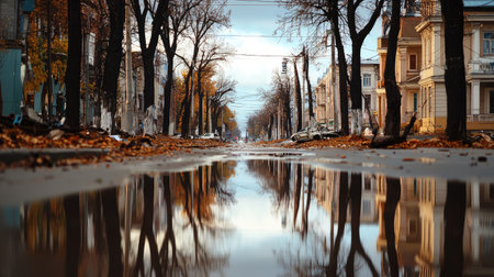 A tranquil autumn scene featuring a deserted street lined with trees, showcasing a beautiful reflection in a puddle. The soft light enhances the peaceful atmosphere.の素材