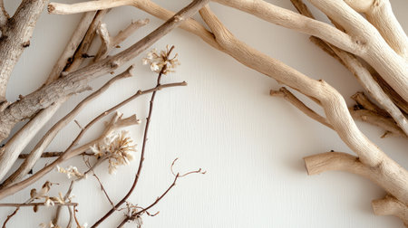 A serene composition featuring driftwood branches and dried flowers against a textured wall, perfect for natural decor enthusiasts seeking elegance and simplicity.の素材