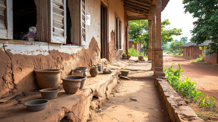 This image captures a tranquil village pathway adorned with rustic earthenware pots. Sunlight filters through trees, illuminating the weathered mud walls and rural setting.の素材