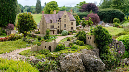 Explore a stunning miniature model of a historic stone manor surrounded by lush gardens and vibrant landscaping, capturing intricate architectural details.の素材
