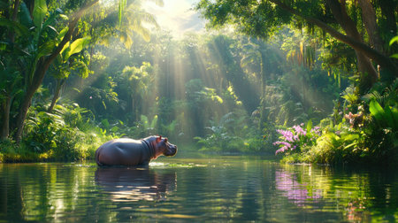 A serene hippo lounges in a still jungle oasis, surrounded by vibrant greenery and streams of sunlight breaking through the canopy, creating a tranquil environment.の素材