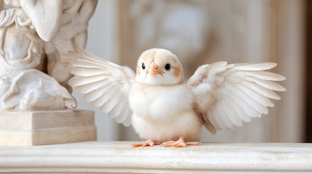 A delightful baby bird with soft pastel feathers stretches its wings, showcasing its innocence and charm in a tranquil indoor setting filled with light.の素材