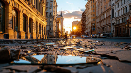 A stunning urban scene capturing shattered glass on the street, reflecting a golden sunset. This image showcases the interplay of light and architecture in a vibrant city.の素材