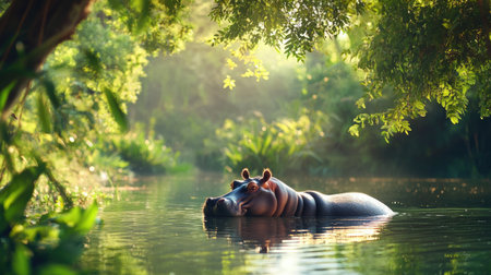 A solitary hippopotamus rests in calm waters, surrounded by lush greenery. Sunlight filters through tree leaves, creating a tranquil and serene atmosphere in the natural habitat.の素材