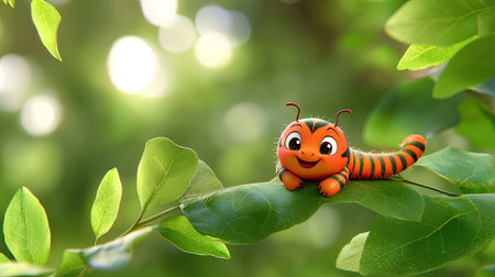 A charming cartoon caterpillar rests on a vibrant green leaf, showcasing a happy expression. The sunny outdoor setting enhances its playful character. Perfect for children's themes.の素材