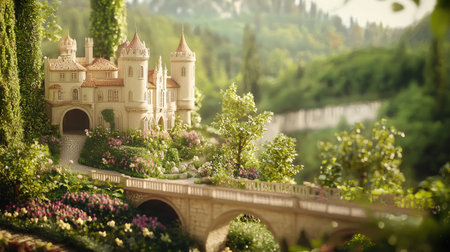 A whimsical castle nestled in lush gardens, surrounded by vibrant flowers and rolling hills. This serene landscape captures the essence of a fairytale retreat.の素材