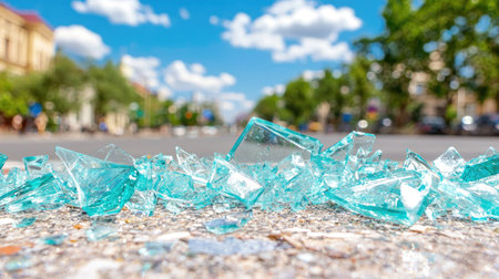 A vibrant scene featuring scattered glass fragments on a city street against a bright blue sky. The image captures the light reflections and urban environmental details.の素材