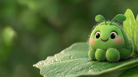 A cheerful green caterpillar character sits on a leaf, showcasing a playful expression. The vibrant greenery surrounding it creates a serene, whimsical atmosphere perfect for children's themes.の素材