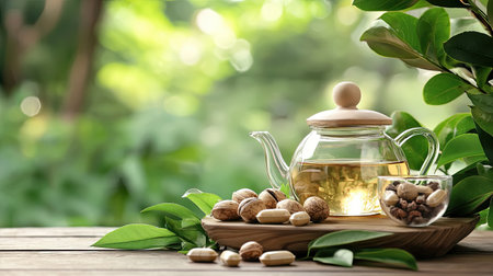 A tranquil scene featuring a glass teapot filled with herbal tea accompanied by assorted nuts, all set on a rustic wooden table surrounded by lush green leaves.の素材