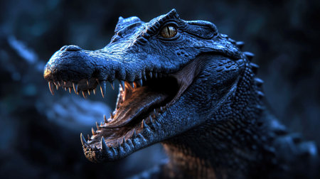 This stunning close-up image showcases a dragon-like creature with striking blue scales and sharp teeth, set in a dark and mysterious environment.の素材