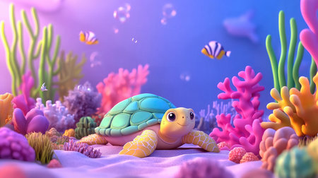 Discover a charming cartoon turtle exploring a vibrant coral reef filled with colorful fish and marine plants, creating a joyful underwater scene.の素材