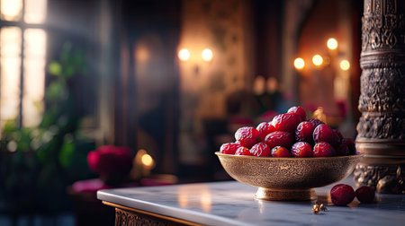 A stunning bowl filled with fresh strawberries rests on a marble surface, illuminated by soft light in a luxurious interior. Perfect for food styling and decoration.の素材