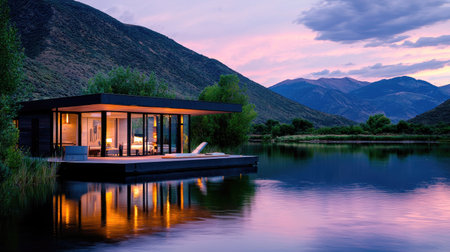 A stunning modern cabin sits by a tranquil lake at sunset, surrounded by majestic mountains. The perfect blend of architecture and nature invites relaxation and escape.の素材