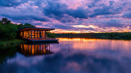 A stunning modern cabin rests by a tranquil lake during sunset, showcasing vibrant colors and a perfect reflection. Ideal for nature lovers and peaceful retreats.の素材