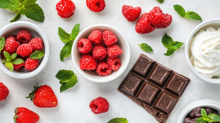 A vibrant arrangement of fresh raspberries, strawberries, and chocolate with a dollop of whipped cream against a clean white background. Perfect for dessert ideas!の素材