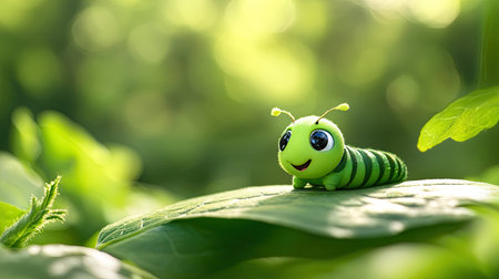 This delightful image features a cute green caterpillar sitting on a leaf, surrounded by a lush natural environment. The soft light enhances its vibrant colors and cheerful expression, creating a serene atmosphere.の素材