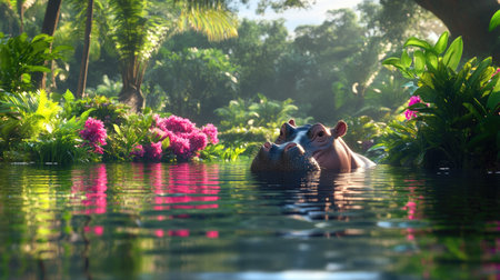 Two hippos swim peacefully in a tropical lagoon, surrounded by vibrant flowers and lush greenery, creating a serene and picturesque wildlife scene.の素材