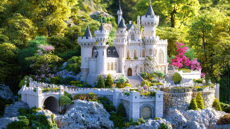 A stunning fairy tale castle nestled among vibrant greenery and colorful flowers, offering a magical scene of beauty and tranquility in nature's embrace.の素材