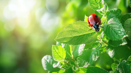 A vivid close-up of a bright red ladybug perched on a fresh green leaf, showcasing the beauty of nature and the intricate details of its environment in soft sunlight.の素材