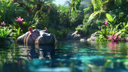 A hippo relaxes in tranquil waters, surrounded by vibrant tropical plants and breathtaking nature. The scene captures wildlife in its natural habitat.の素材