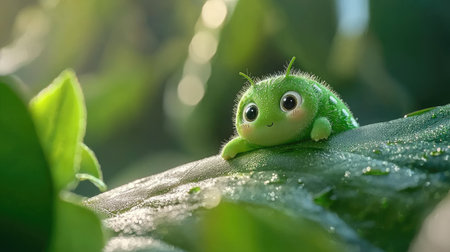 A charming green caterpillar rests on a lush leaf, surrounded by vibrant foliage, capturing the beauty of nature in a peaceful setting.の素材