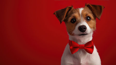 This delightful portrait features a charming dog wearing a vibrant red bow tie against a bold red background. The dog's expressive eyes and friendly demeanor capture the essence of playful companionship.の素材