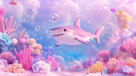 A delightful cartoon shark swims through a vibrant coral reef, surrounded by colorful corals and playful bubbles, creating a joyful underwater scene.の素材