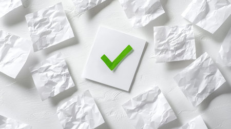 A green checkmark stands out on a clean sheet of paper amidst crumpled white sheets, symbolizing success and organization in tasks and projects.の素材