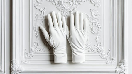 This image showcases a pair of elegant white gloves placed on an ornate wall, capturing a sense of luxury and artistry. The soft lighting enhances the textures and details.の素材