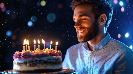 A joyful man holds a beautifully decorated cake with lit candles, surrounded by sparkling lights. The atmosphere radiates happiness and celebration, perfect for capturing festive moments.の素材