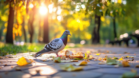 A pigeon forages on the ground amidst scattered autumn leaves as sunlight filters through trees in a serene park setting, showcasing nature's beauty.の素材