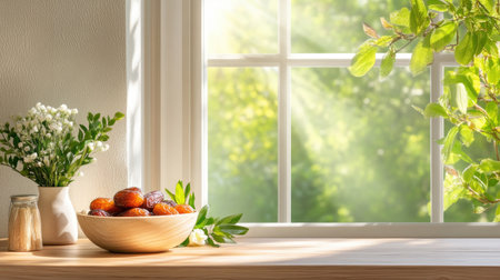 A serene kitchen scene featuring a bowl of fresh fruits and beautiful flowers on a sunlit window sill, creating a vibrant and inviting atmosphere. Perfect for use in lifestyle or culinary content.の素材