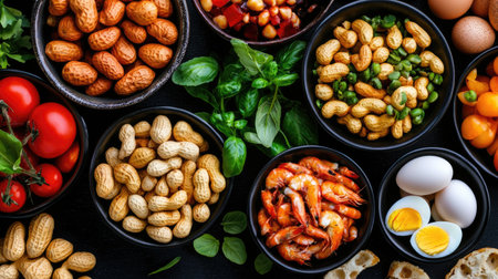 A vibrant assortment of fresh food ingredients displayed in bowls, showcasing seafood, vegetables, and protein sources, ideal for culinary inspiration and meal preparation.の素材