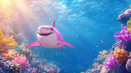 A delightful cartoon shark swims joyfully among vibrant coral reefs in a sunlit underwater paradise, showcasing a whimsical marine ecosystem bursting with life.の素材