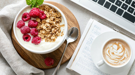 A wholesome breakfast featuring creamy yogurt topped with oats and fresh raspberries, paired with a warm cup of coffee, perfect for a productive morning.の素材