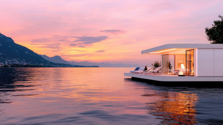 A modern floating house rests on calm waters at sunset, showcasing sleek architecture and tranquil surroundings, perfect for a luxury getaway by nature.の素材
