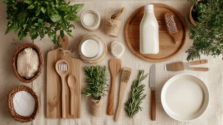 Explore a serene kitchen scene featuring wooden utensils, fresh herbs, and simple, natural decorations. Perfect for culinary and home inspiration.の素材