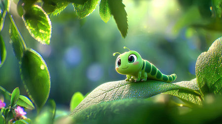 A charming cartoon caterpillar is perched on a vibrant green leaf, surrounded by lush foliage. This whimsical scene captures the essence of nature and imagination.の素材