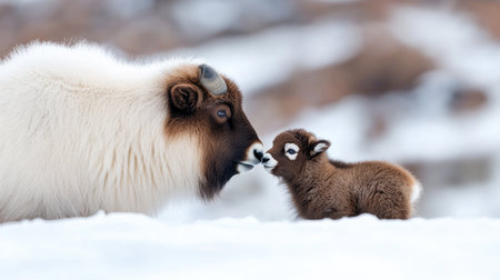 A heartwarming scene featuring a mother sheep tenderly interacting with her baby lamb in a snowy landscape, showcasing the bond and connection in nature.の素材