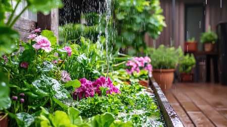 A colorful flower garden flourishing with pink and green plants during gentle rain, showcasing life and vibrant beauty in a serene outdoor setting. Perfect for nature lovers.の素材