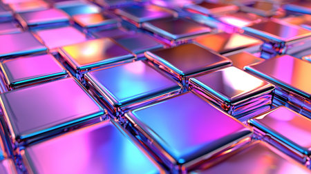A stunning abstract image showcasing a grid of colorful, glossy squares that reflect light in vibrant hues, creating a modern digital aesthetic perfect for backgrounds.の素材