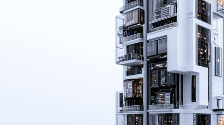This image showcases a modern data center tower featuring multiple server racks and advanced digital technology. The sleek architecture conveys innovation and efficiency in data storage.の素材