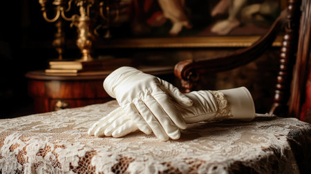 A pair of elegant white gloves rests gently on a vintage lace tablecloth. The soft textures and warm light create a romantic and timeless atmosphere, perfect for fashion or bridal themes.の素材