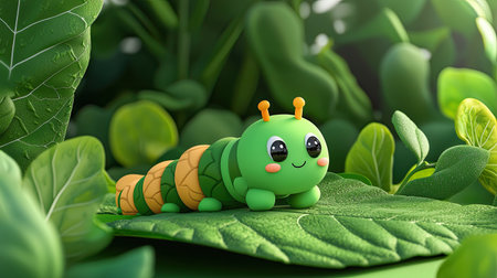 A cheerful cartoon caterpillar rests on a green leaf, surrounded by lush foliage. This vibrant scene captures the essence of nature's beauty and playfulness.の素材